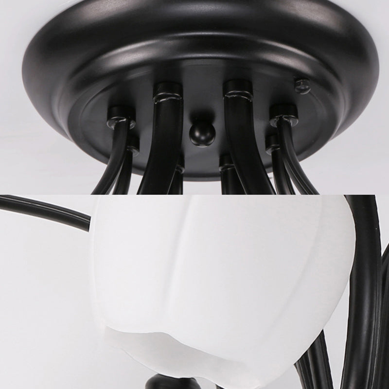 Classic White Glass Flower Shape Semi Flush Light for Living Room - 3/6/8 Lights - Black Ceiling Lighting