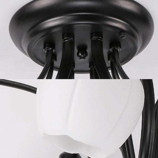 Classic White Glass Flower Shape Semi Flush Light For Living Room - 3/6/8 Lights Black Ceiling