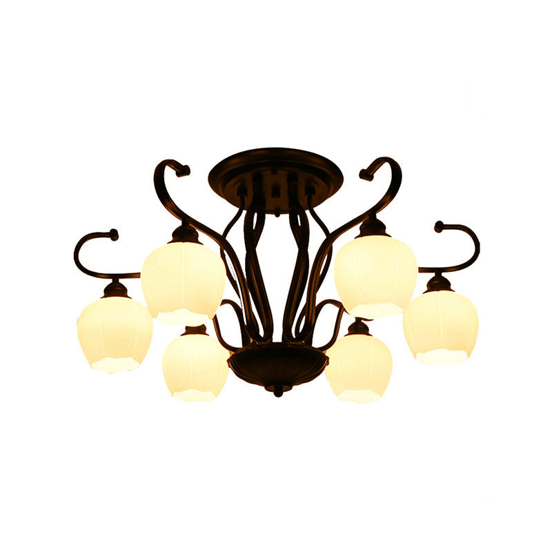 Classic White Glass Flower Shape Semi Flush Light For Living Room - 3/6/8 Lights Black Ceiling