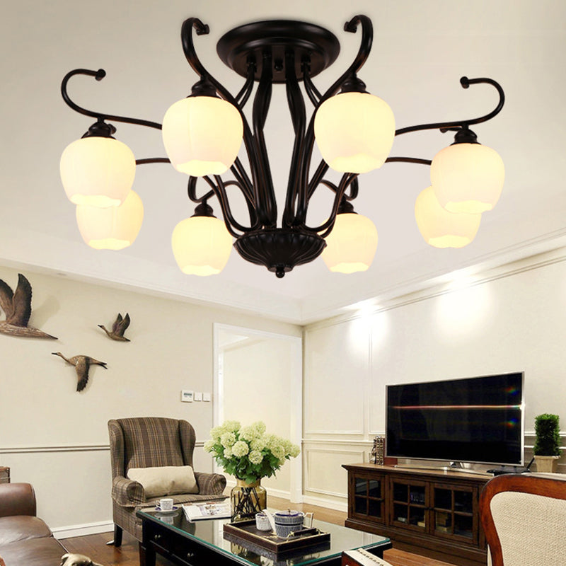 Classic White Glass Flower Shape Semi Flush Light for Living Room - 3/6/8 Lights - Black Ceiling Lighting