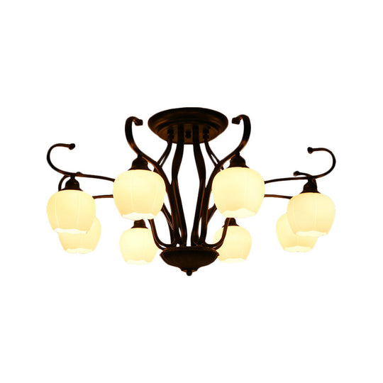 Classic White Glass Flower Shape Semi Flush Light For Living Room - 3/6/8 Lights Black Ceiling