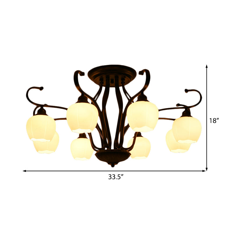 Classic White Glass Flower Shape Semi Flush Light for Living Room - 3/6/8 Lights - Black Ceiling Lighting