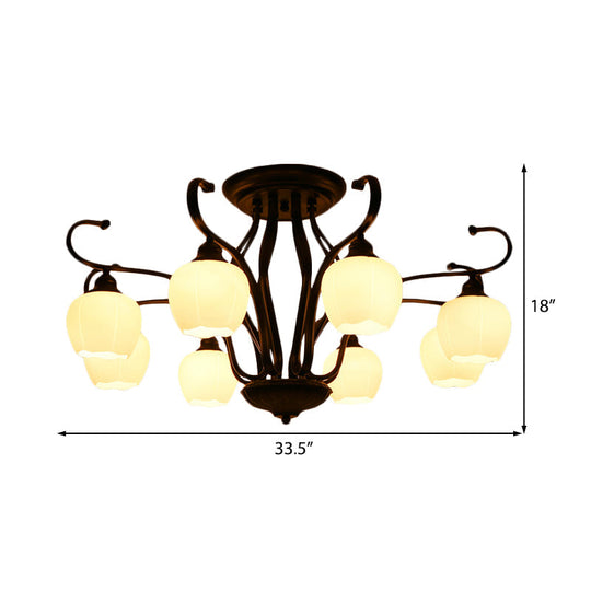 Classic White Glass Flower Shape Semi Flush Light For Living Room - 3/6/8 Lights Black Ceiling