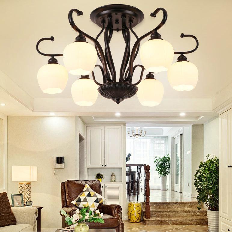 Classic White Glass Flower Shape Semi Flush Light for Living Room - 3/6/8 Lights - Black Ceiling Lighting