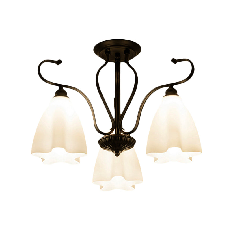 Flower-Shaped White Glass Ceiling Light Fixture with 3/6/8 Lights for Classic Living Room Semi-Mount Lighting in Black