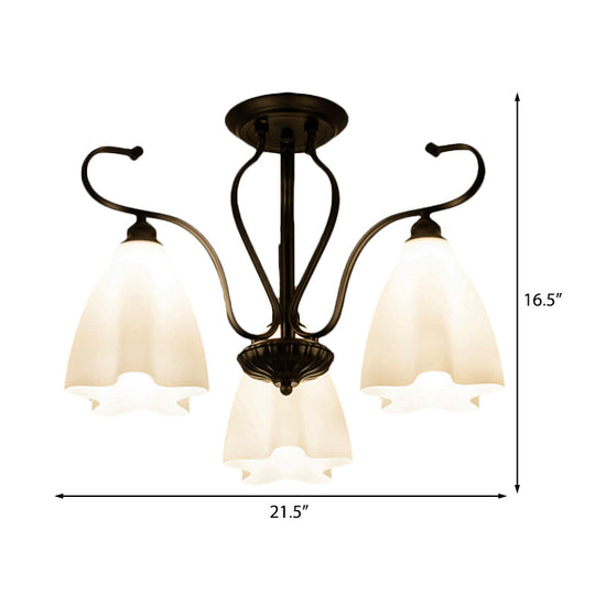 Flower-Shaped White Glass Ceiling Light Fixture with 3/6/8 Lights for Classic Living Room Semi-Mount Lighting in Black