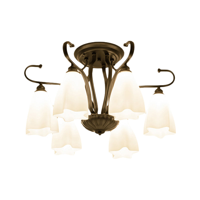 Flower-Shaped White Glass Ceiling Light Fixture with 3/6/8 Lights for Classic Living Room Semi-Mount Lighting in Black