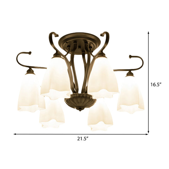 Flower-Shaped White Glass Ceiling Light Fixture with 3/6/8 Lights for Classic Living Room Semi-Mount Lighting in Black