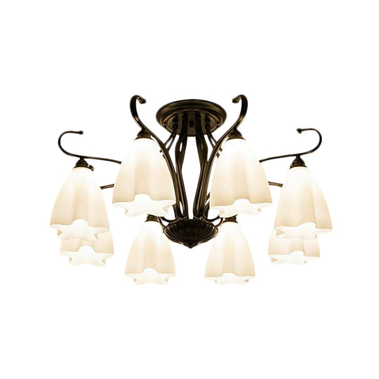 Flower-Shaped White Glass Ceiling Light Fixture with 3/6/8 Lights for Classic Living Room Semi-Mount Lighting in Black