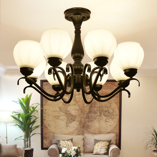 Traditional Black Semi Flush Ceiling Light with White Glass Shades - 3/5/6 Lights