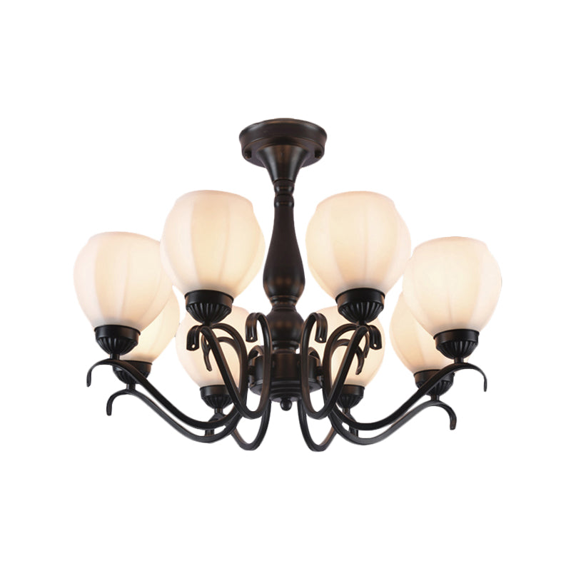 Traditional Black Semi Flush Ceiling Light with White Glass Shades - 3/5/6 Lights