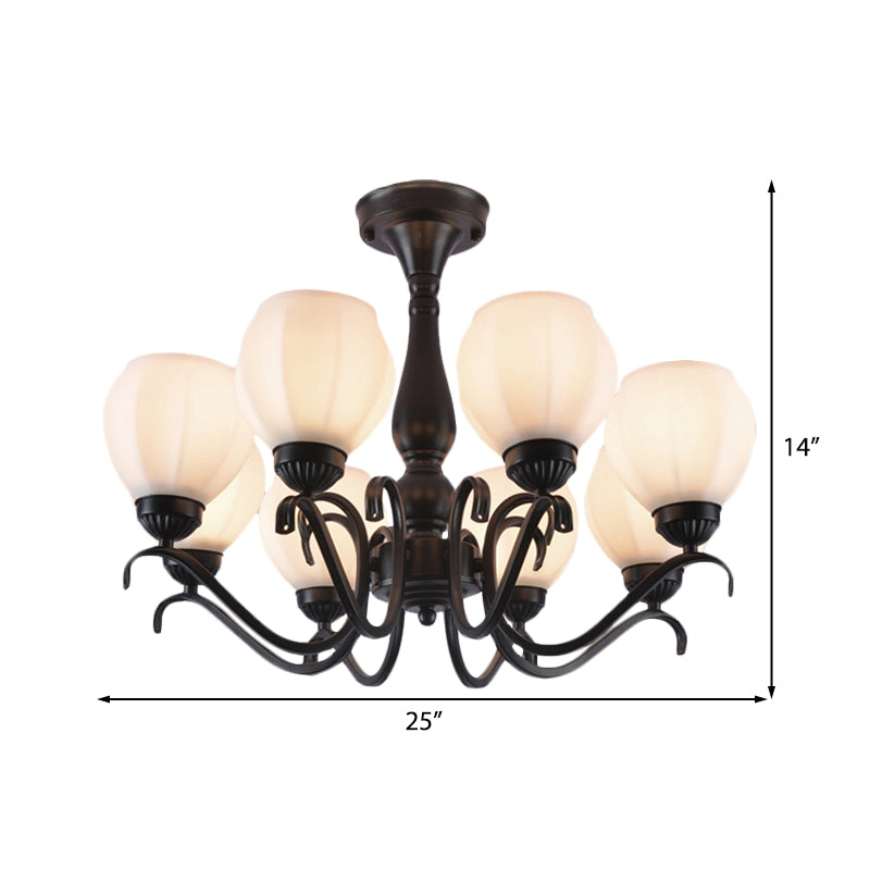 Traditional Black Semi Flush Ceiling Light with White Glass Shades - 3/5/6 Lights