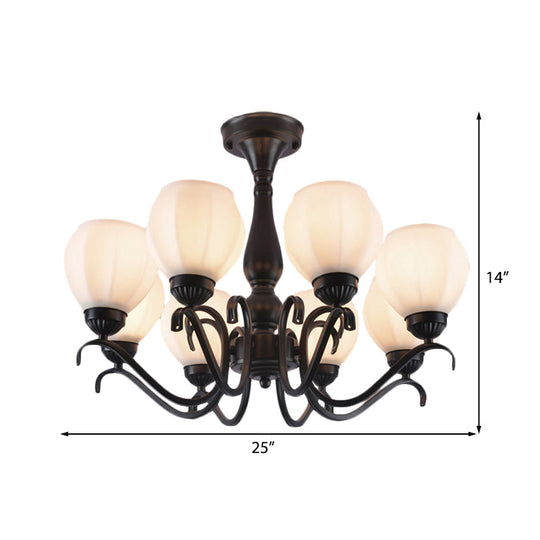 Traditional Black Semi Flush Ceiling Light with White Glass Shades - 3/5/6 Lights