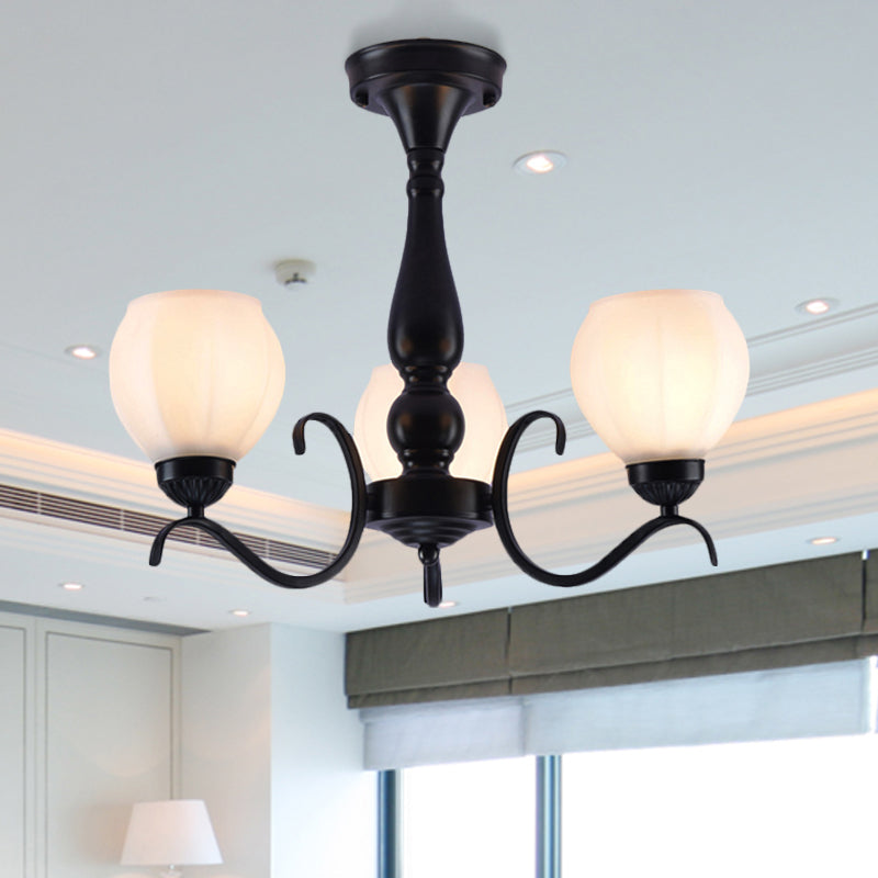 Traditional Black Semi Flush Ceiling Light with White Glass Shades - 3/5/6 Lights