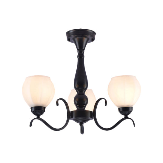 Traditional Black Semi Flush Ceiling Light with White Glass Shades - 3/5/6 Lights