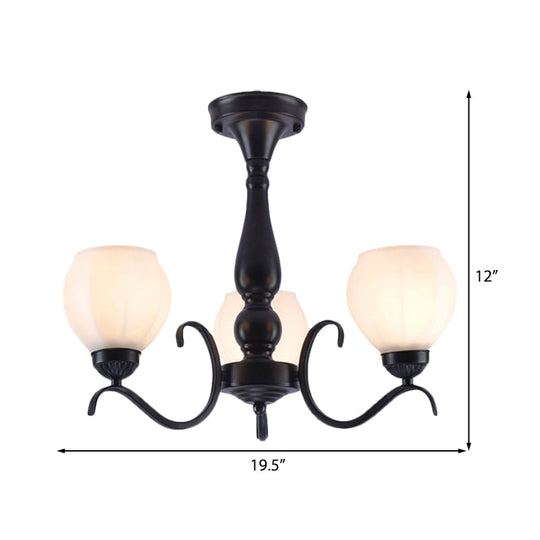 Traditional Black Semi Flush Ceiling Light with White Glass Shades - 3/5/6 Lights