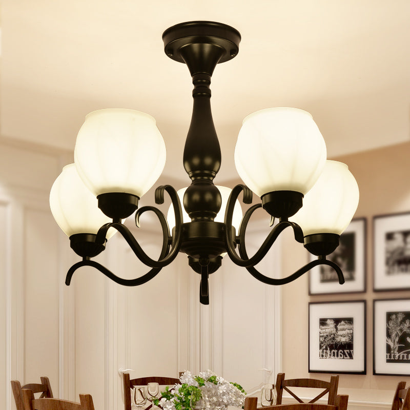 Traditional Black Semi Flush Ceiling Light with White Glass Shades - 3/5/6 Lights