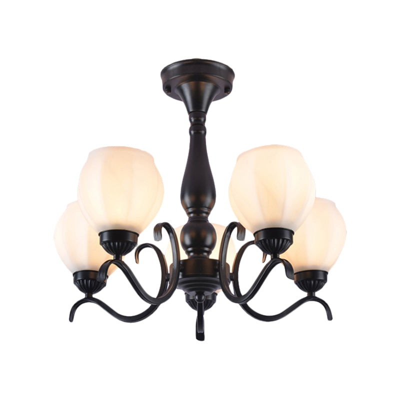 Traditional Black Semi Flush Ceiling Light with White Glass Shades - 3/5/6 Lights