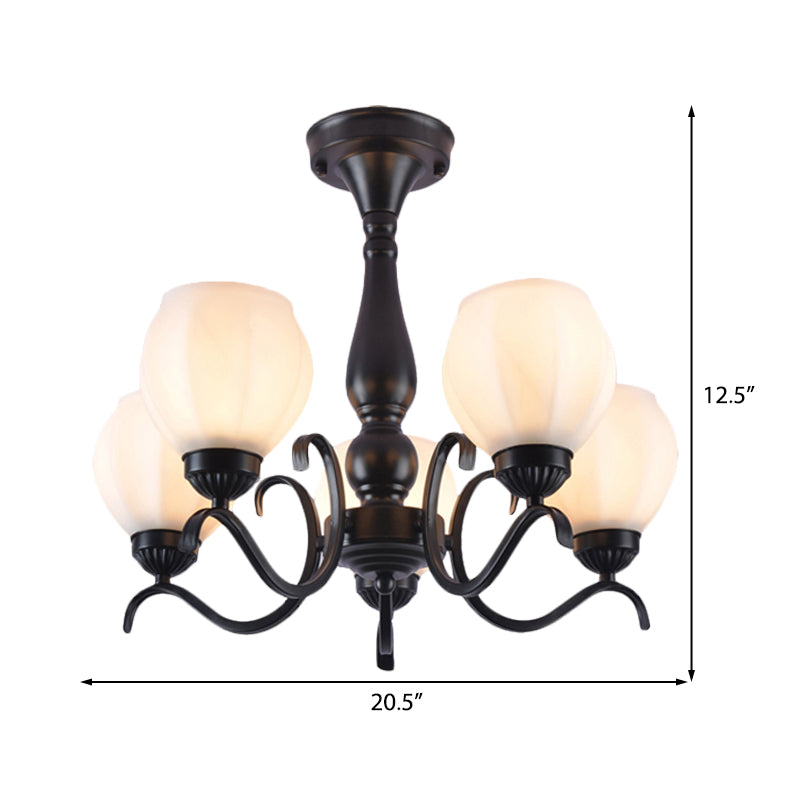 Traditional Black Semi Flush Ceiling Light with White Glass Shades - 3/5/6 Lights