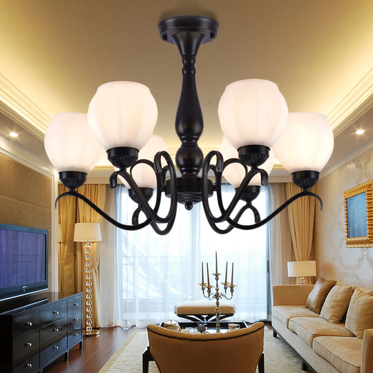 Traditional Black Semi Flush Ceiling Light with White Glass Shades - 3/5/6 Lights