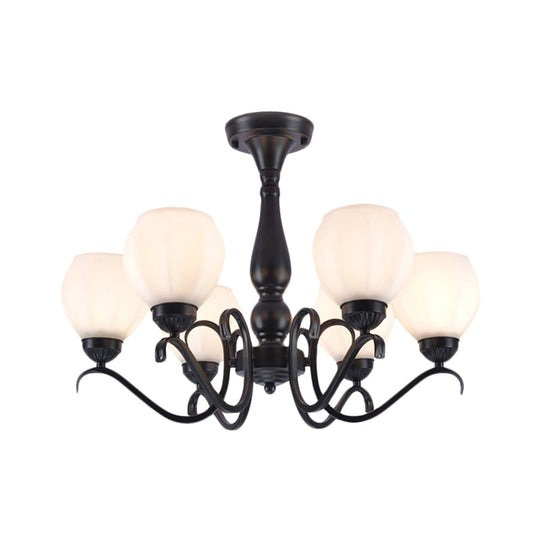 Traditional Black Semi Flush Ceiling Light with White Glass Shades - 3/5/6 Lights