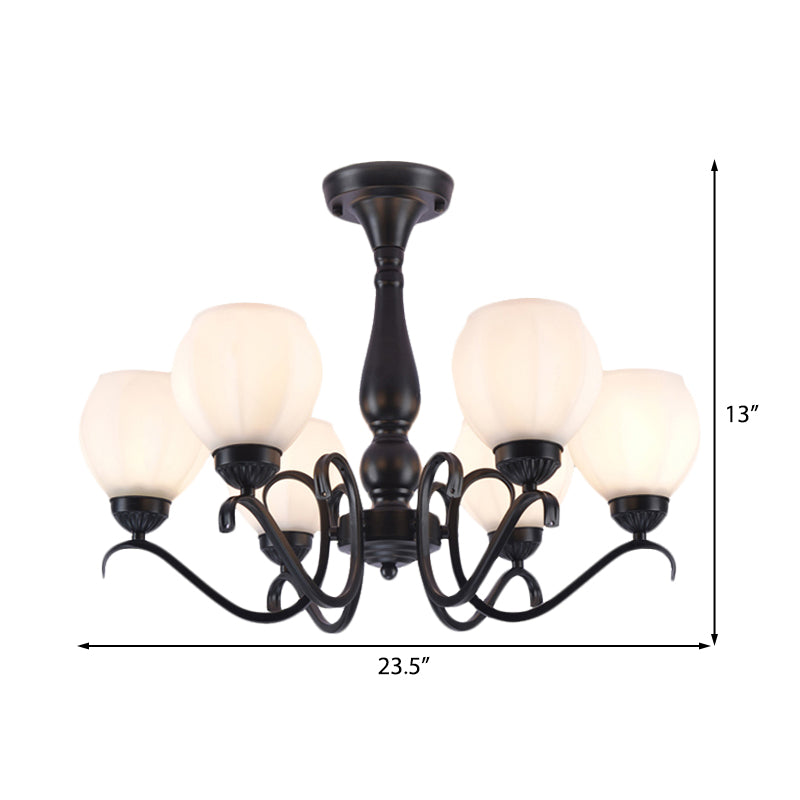 Traditional Black Semi Flush Ceiling Light with White Glass Shades - 3/5/6 Lights