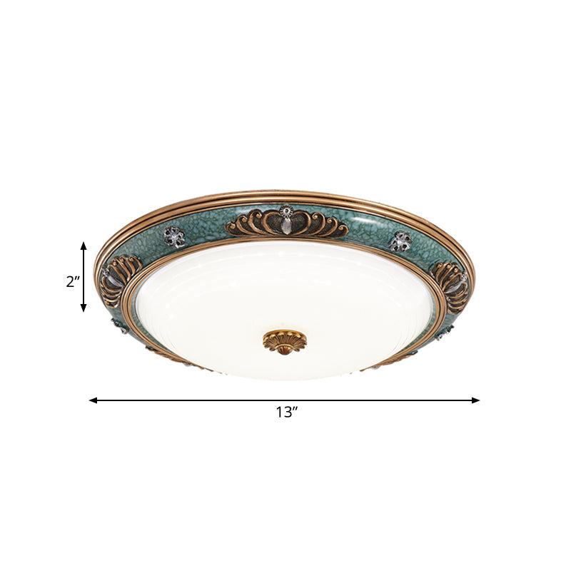 LED Flush Light Fixture with Milky Glass and Traditional Green Crown Design - Wide Sizes Available in Warm or White Light for Living Room Ceiling Lighting