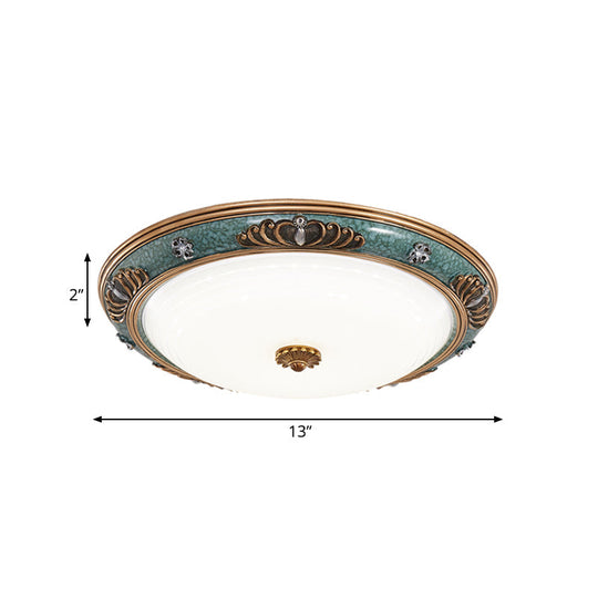 LED Flush Light Fixture with Milky Glass and Traditional Green Crown Design - Wide Sizes Available in Warm or White Light for Living Room Ceiling Lighting