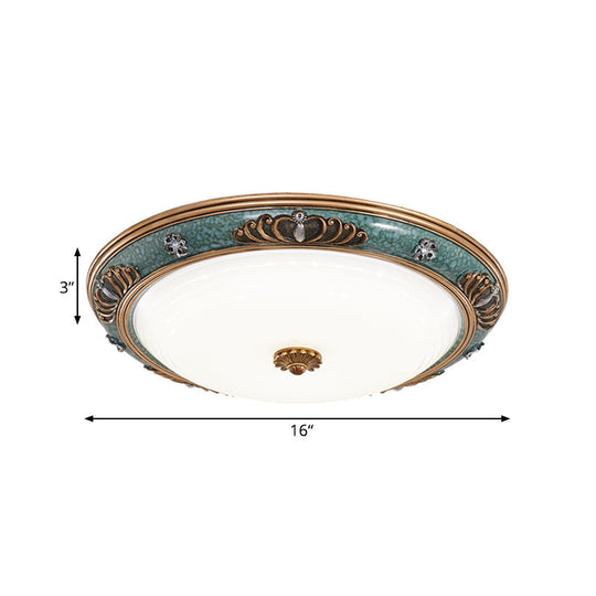 LED Flush Light Fixture with Milky Glass and Traditional Green Crown Design - Wide Sizes Available in Warm or White Light for Living Room Ceiling Lighting