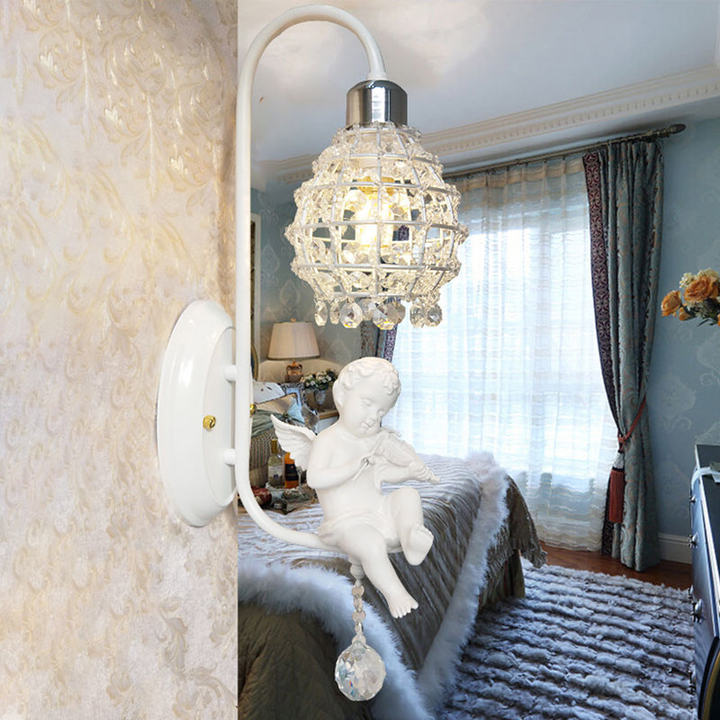 1-Light Wall Sconce With Globe Crystal And Angel Decoration - Simple Corridor Mount In White