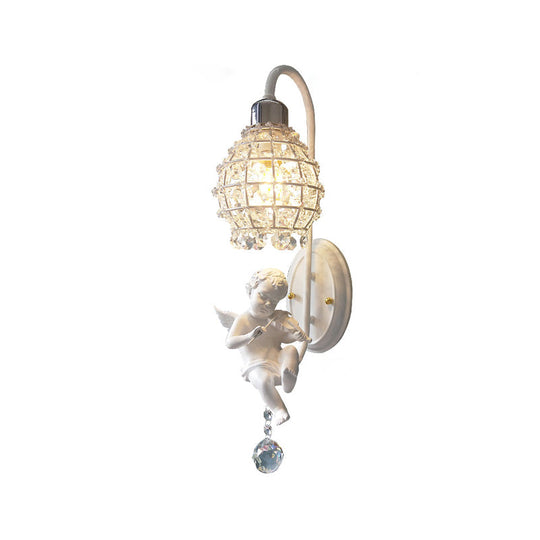 1-Light Wall Sconce With Globe Crystal And Angel Decoration - Simple Corridor Mount In White