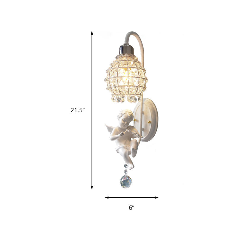 1-Light Wall Sconce With Globe Crystal And Angel Decoration - Simple Corridor Mount In White