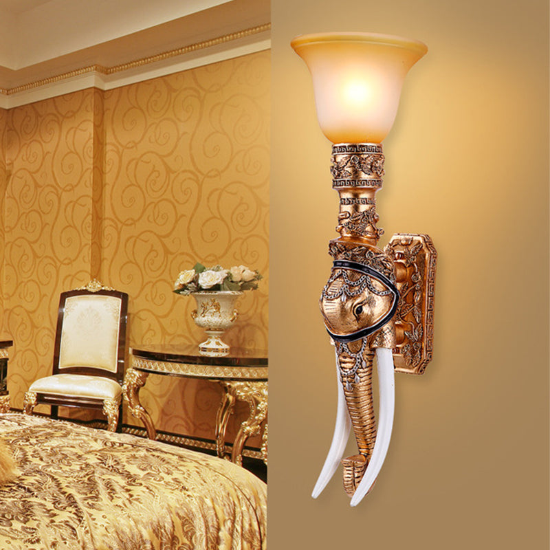 Flared Amber Glass Wall Mount Light With Gold Elephant Base - Traditional 1-Light Sconce