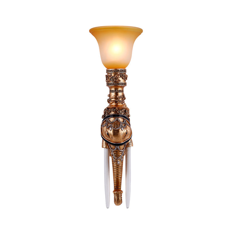 Flared Amber Glass Wall Mount Light With Gold Elephant Base - Traditional 1-Light Sconce