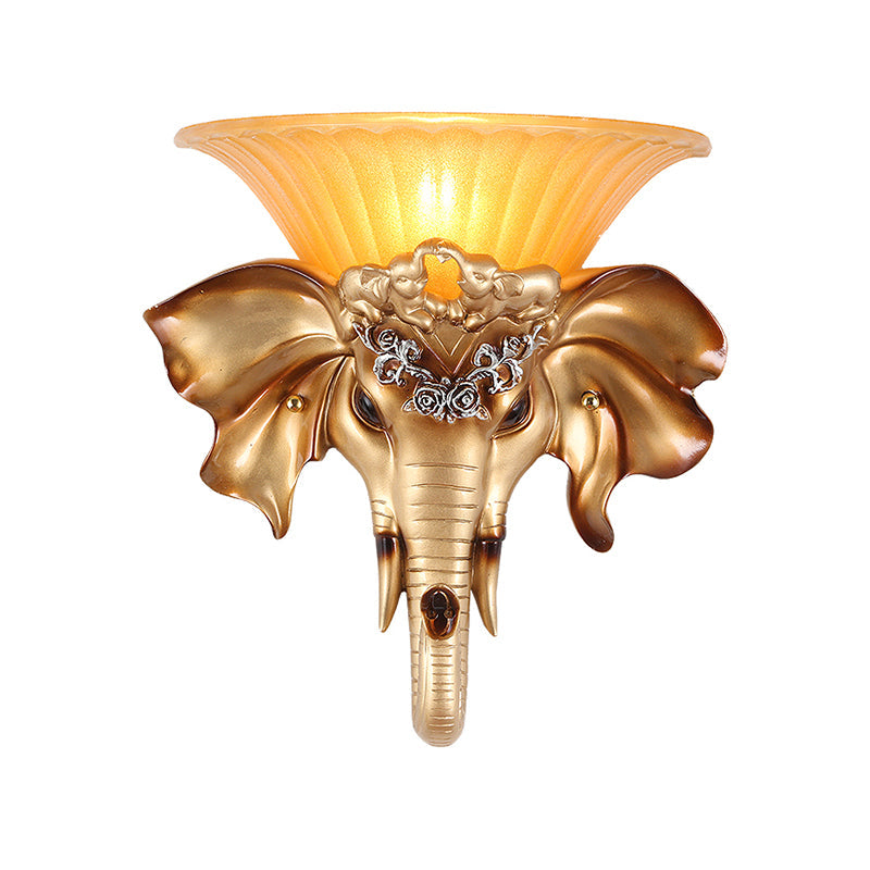 Vintage Flared Wall Mounted Glass Sconce Light With Gold Resin Elephant Base