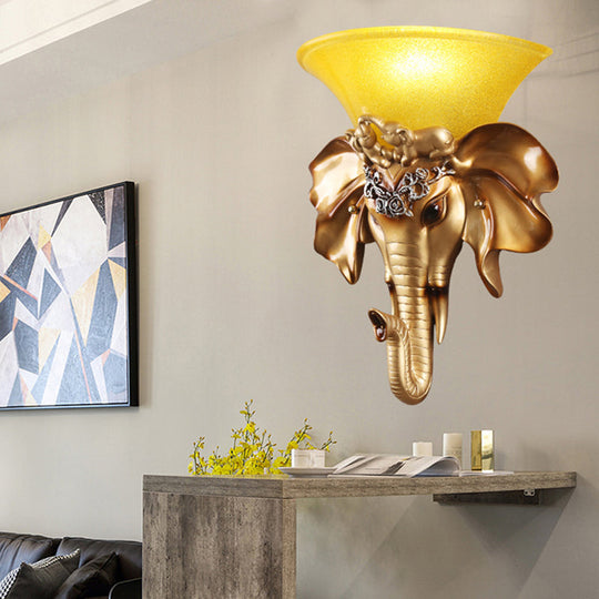 Antique Gold Elephant Sconce With Flared Glass Shade - Wall Mount Living Room Light