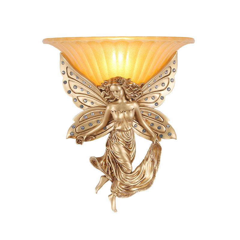 Vintage 1-Light Wall Sconce With Flared Glass Shade & Gold Resin Base