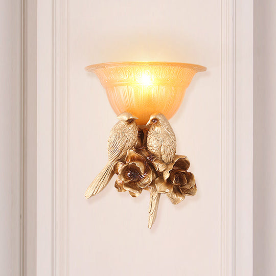 Frosted Glass Flared Wall Light With Antique Gold Bird Decoration - 1-Light Sconce For Hallways