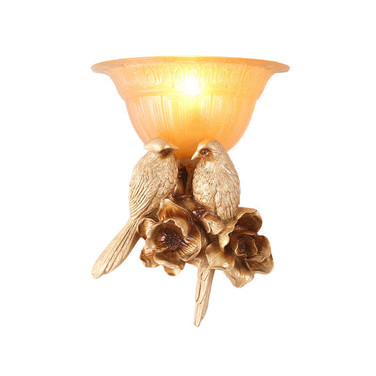 Frosted Glass Flared Wall Light With Antique Gold Bird Decoration - 1-Light Sconce For Hallways