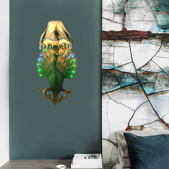 Southeast Asian Style Green Peacock Wall Sconce Light - Resin 1-Light Bedroom Mounted Fixture