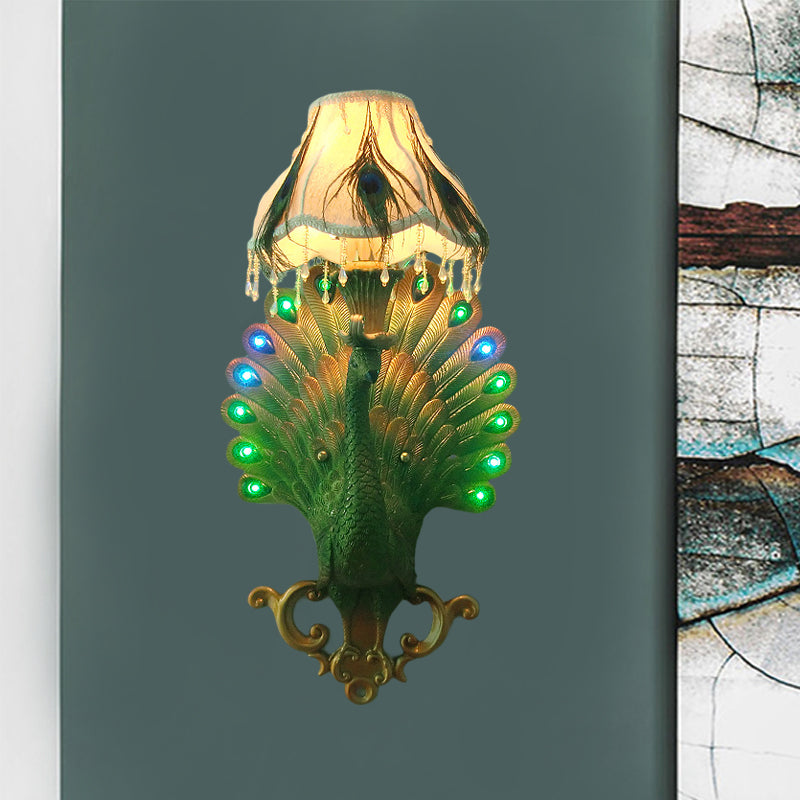 Southeast Asian Style Green Peacock Wall Sconce Light - Resin 1-Light Bedroom Mounted Fixture