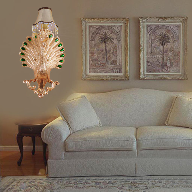 Minimalist White Fabric Wall Sconce With Gold Peacock Decoration - Elegant Living Room Lamp