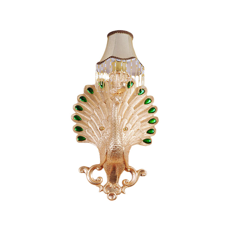 Minimalist White Fabric Wall Sconce With Gold Peacock Decoration - Elegant Living Room Lamp