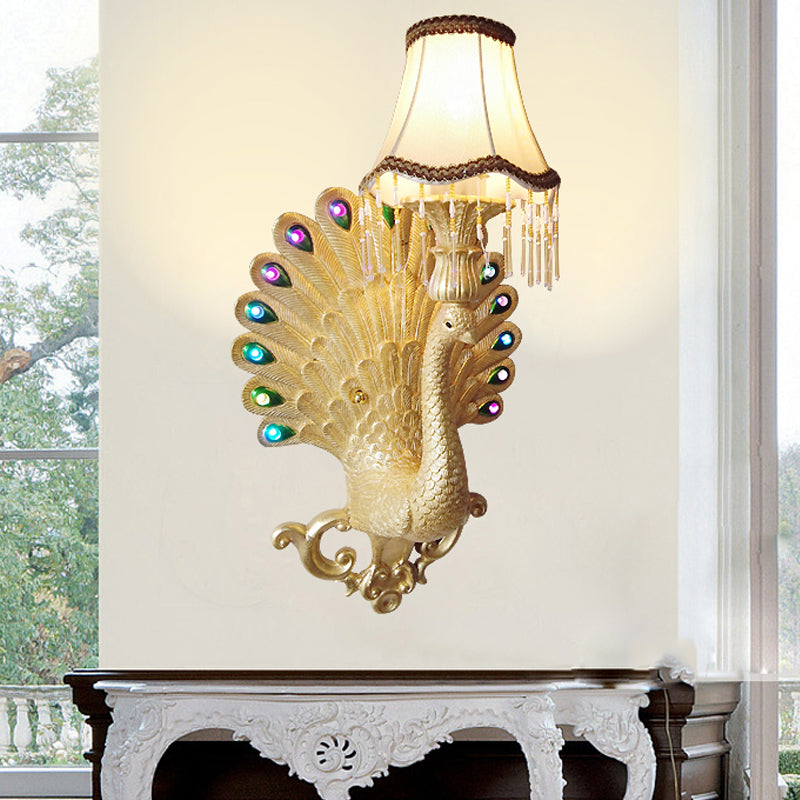 Gold Peacock Wall Sconce Lamp - Southeast Asian Style Resin Fixture With Scallop Shade