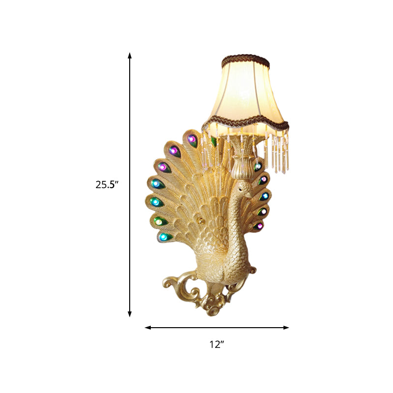 Gold Peacock Wall Sconce Lamp - Southeast Asian Style Resin Fixture With Scallop Shade