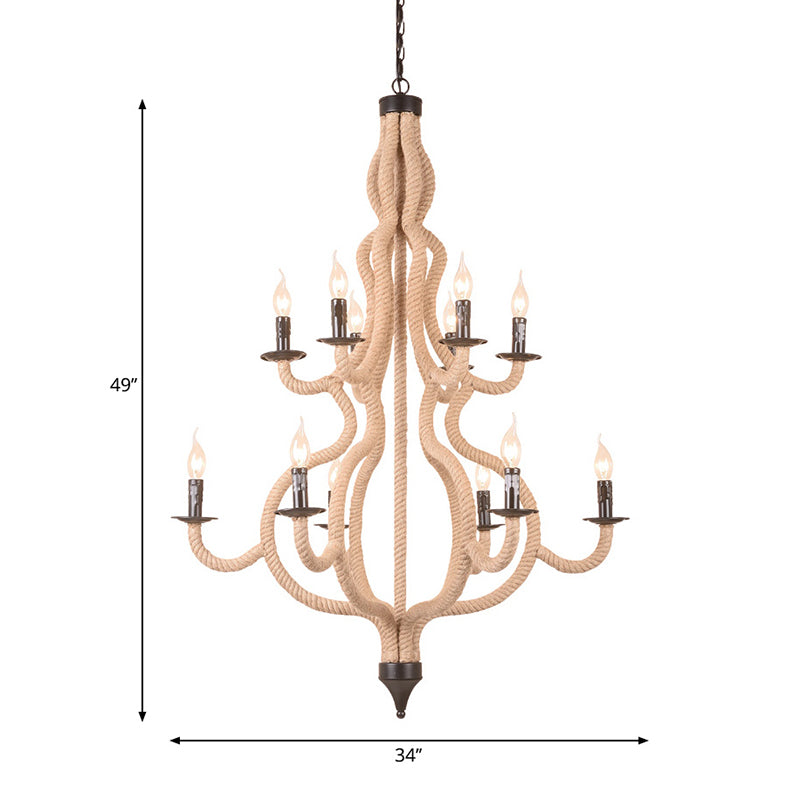 Rustic Metal Candle Chandelier 12 Bulbs Beige Suspension Fixture