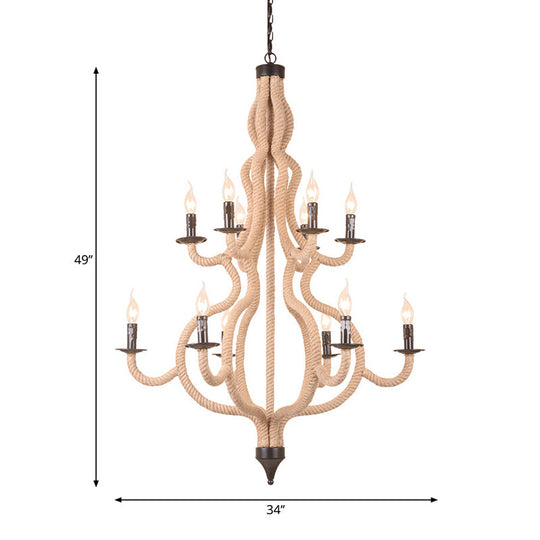 Rustic Metal Candle Chandelier 12 Bulbs Beige Suspension Fixture