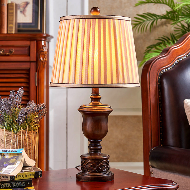 Antique Bedroom Nightstand Lamp - 1 Light Table With Pleated Fabric Shade & Brown Wooden Base