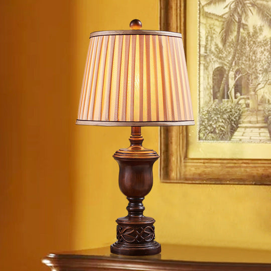 Antique Bedroom Nightstand Lamp - 1 Light Table With Pleated Fabric Shade & Brown Wooden Base