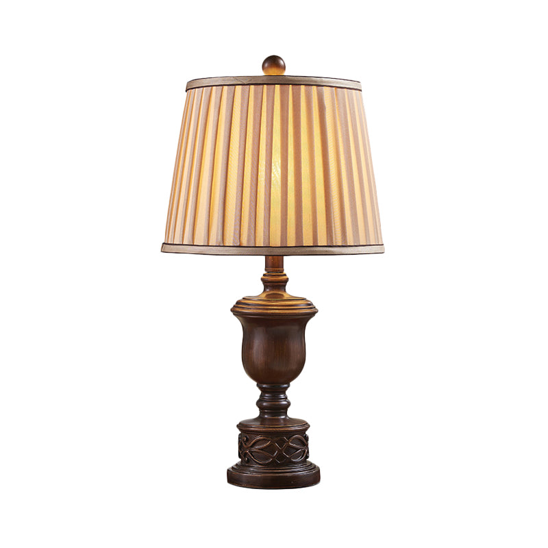 Antique Bedroom Nightstand Lamp - 1 Light Table With Pleated Fabric Shade & Brown Wooden Base